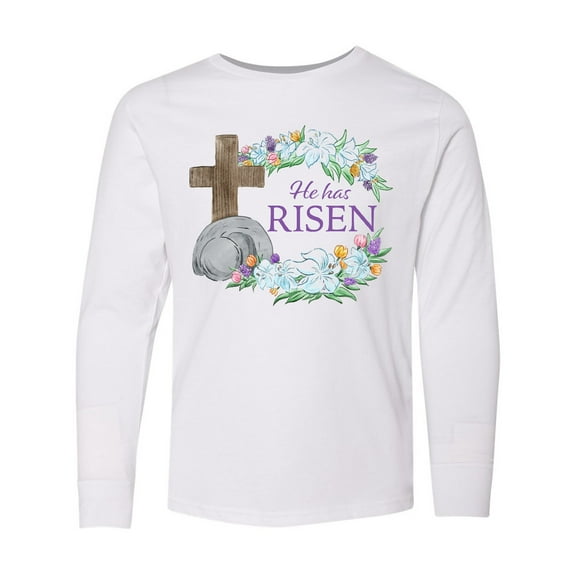 Inktastic Easter He Has Risen with Cross and Flowers Long Sleeve Youth T-Shirt