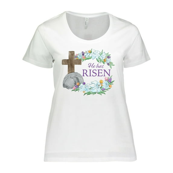Inktastic Easter He Has Risen with Cross and Flowers Women's Plus Size T-Shirt