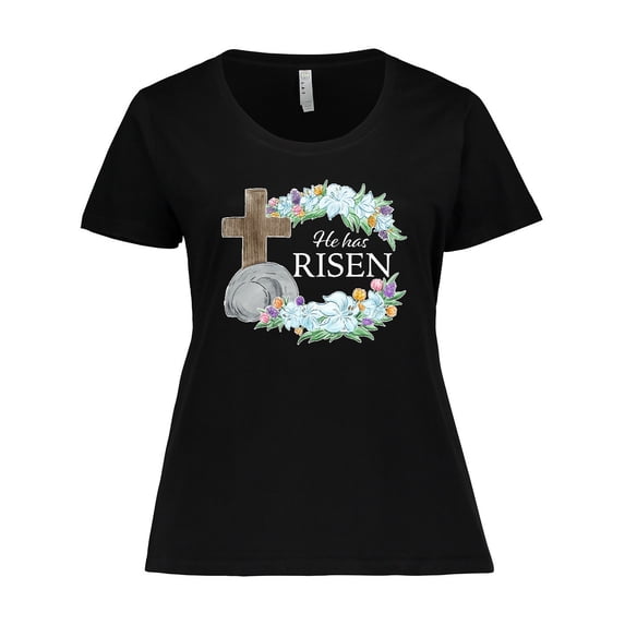 Inktastic Easter He Has Risen with Cross and Flowers Women's Plus Size T-Shirt