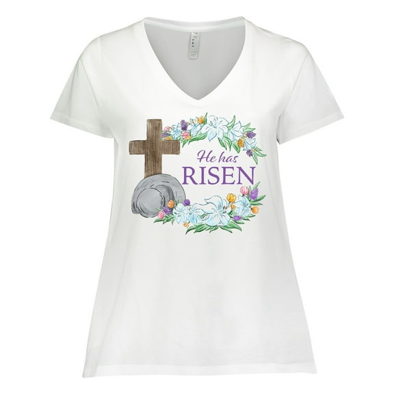 Inktastic Easter He Has Risen with Cross and Flowers Women's Plus Size V-Neck T-Shirt