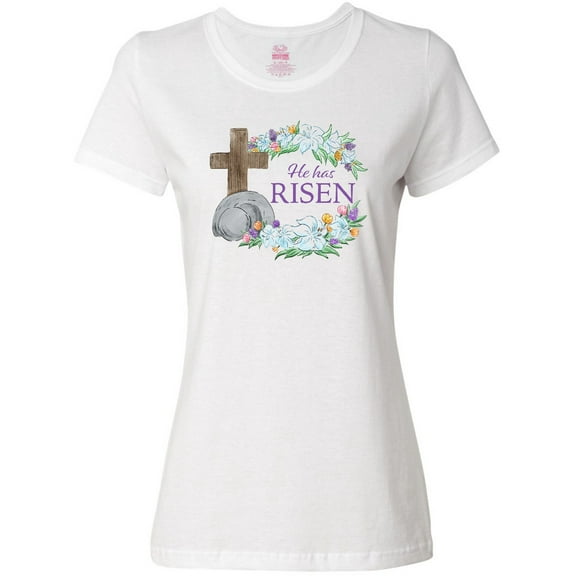 Inktastic Easter He Has Risen with Cross and Flowers Women's T-Shirt