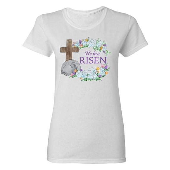 Inktastic Easter He Has Risen with Cross and Flowers Women's T-Shirt
