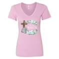 thumbnail image 1 of Inktastic Easter He Has Risen with Cross and Flowers Women's V-Neck T-Shirt, 1 of 5