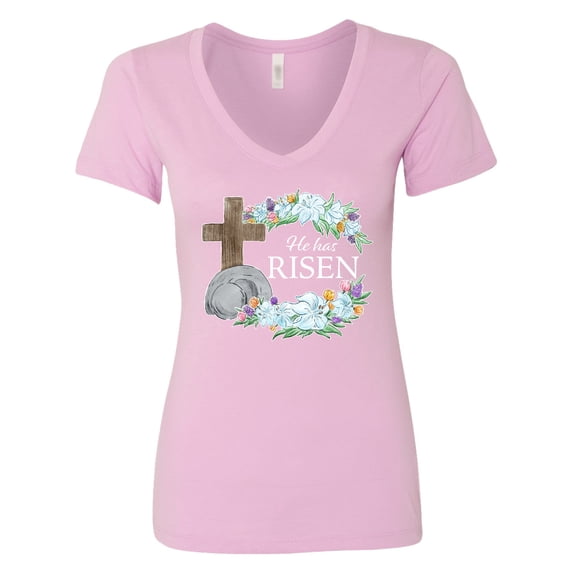 Inktastic Easter He Has Risen with Cross and Flowers Women's V-Neck T-Shirt