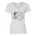 thumbnail image 1 of Inktastic Easter He Has Risen with Cross and Flowers Women's V-Neck T-Shirt, 1 of 5