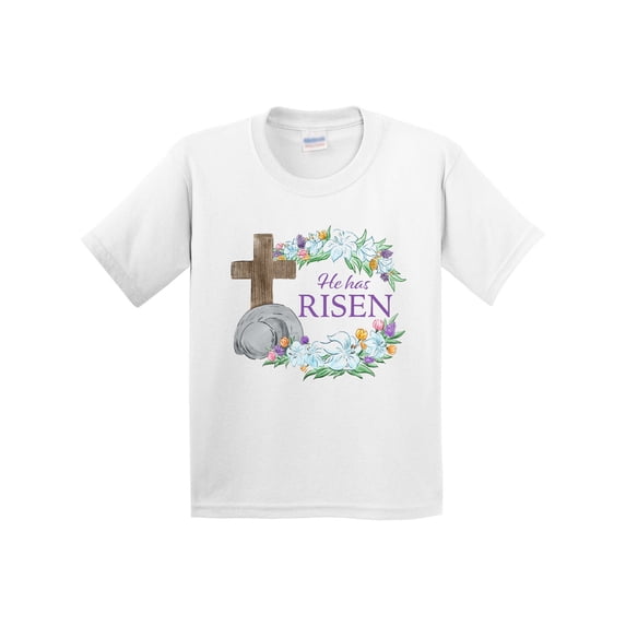Inktastic Easter He Has Risen with Cross and Flowers Youth T-Shirt