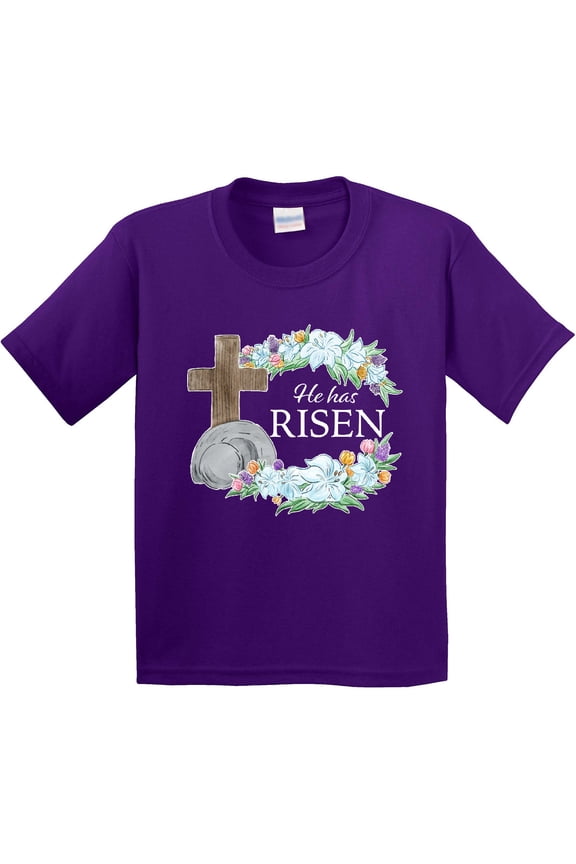 Easter He Has Risen with Cross and Flowers Youth T-Shirt