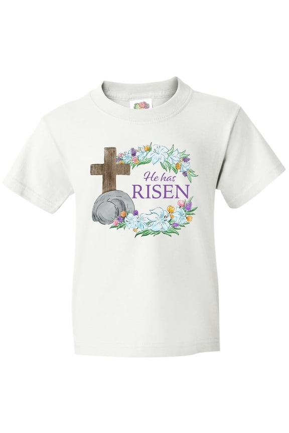Easter He Has Risen with Cross and Flowers Youth T-Shirt