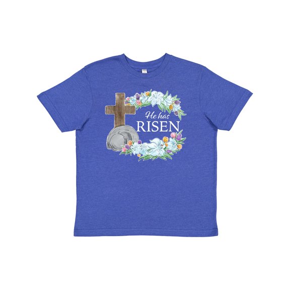 Inktastic Easter He Has Risen with Cross and Flowers Youth T-Shirt