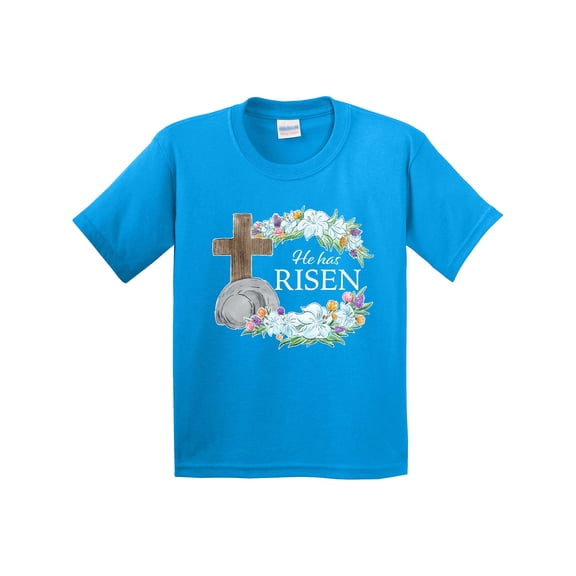 Inktastic Easter He Has Risen with Cross and Flowers Youth T-Shirt