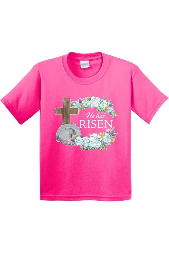 Easter He Has Risen with Cross and Flowers Youth T-Shirt