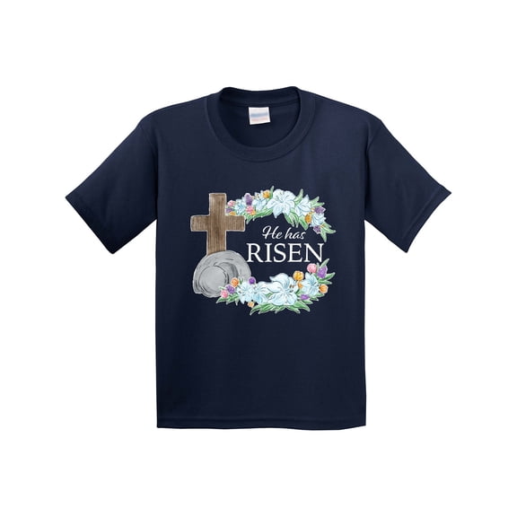 Inktastic Easter He Has Risen with Cross and Flowers Youth T-Shirt