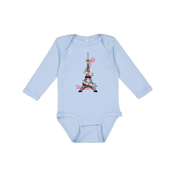 Inktastic Eiffel Tower in Paris with Flowers and Pink Banner Boys or Girls Long Sleeve Baby Bodysuit