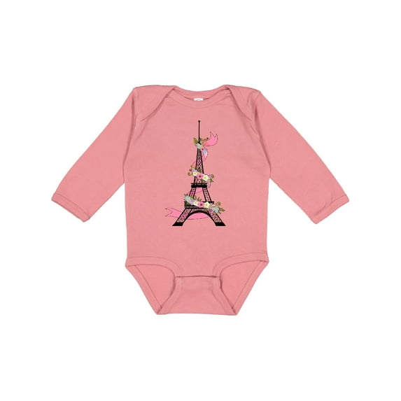 Inktastic Eiffel Tower in Paris with Flowers and Pink Banner Boys or Girls Long Sleeve Baby Bodysuit