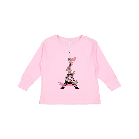 Inktastic Eiffel Tower in Paris with Flowers and Pink Banner Boys or Girls Long Sleeve Toddler T-Shirt