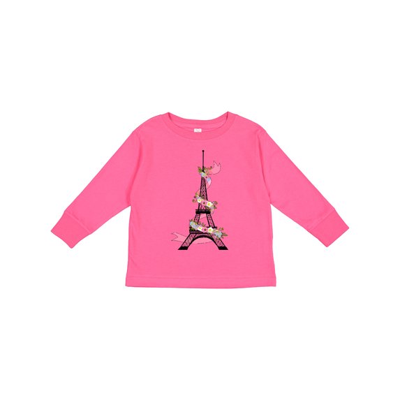 Inktastic Eiffel Tower in Paris with Flowers and Pink Banner Boys or Girls Long Sleeve Toddler T-Shirt