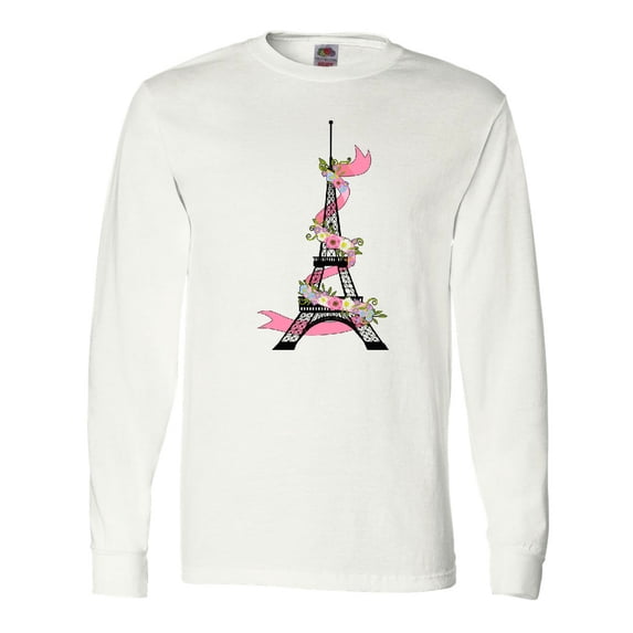 Inktastic Eiffel Tower in Paris with Flowers and Pink Banner Long Sleeve T-Shirt