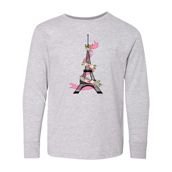 Inktastic Eiffel Tower in Paris with Flowers and Pink Banner Long Sleeve Youth T-Shirt