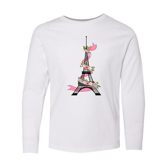 Inktastic Eiffel Tower in Paris with Flowers and Pink Banner Long Sleeve Youth T-Shirt