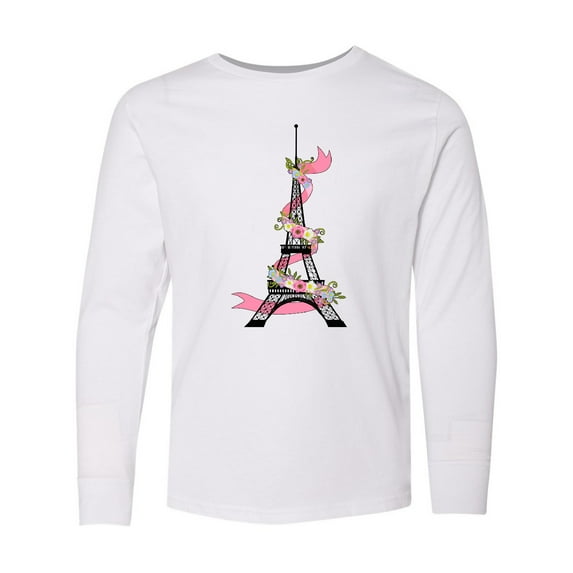 Inktastic Eiffel Tower in Paris with Flowers and Pink Banner Long Sleeve Youth T-Shirt