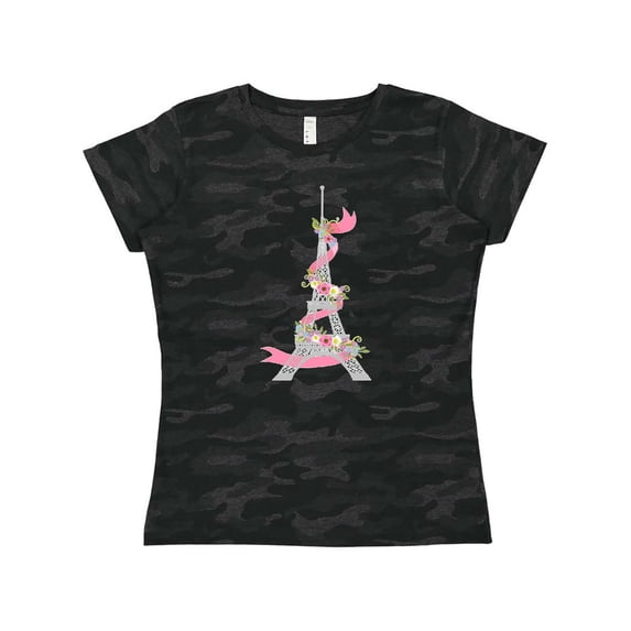 Inktastic Eiffel Tower in Paris with Flowers and Pink Banner Women's T-Shirt