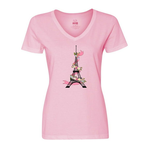 Inktastic Eiffel Tower in Paris with Flowers and Pink Banner Women's V-Neck T-Shirt