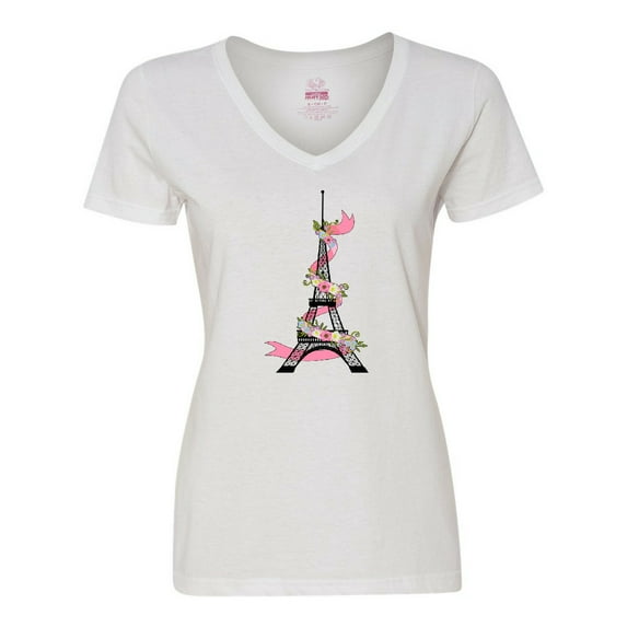 Inktastic Eiffel Tower in Paris with Flowers and Pink Banner Women's V-Neck T-Shirt