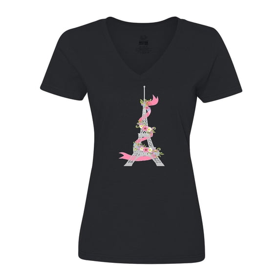 Inktastic Eiffel Tower in Paris with Flowers and Pink Banner Women's V-Neck T-Shirt