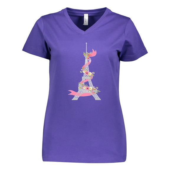 Inktastic Eiffel Tower in Paris with Flowers and Pink Banner Women's V-Neck T-Shirt