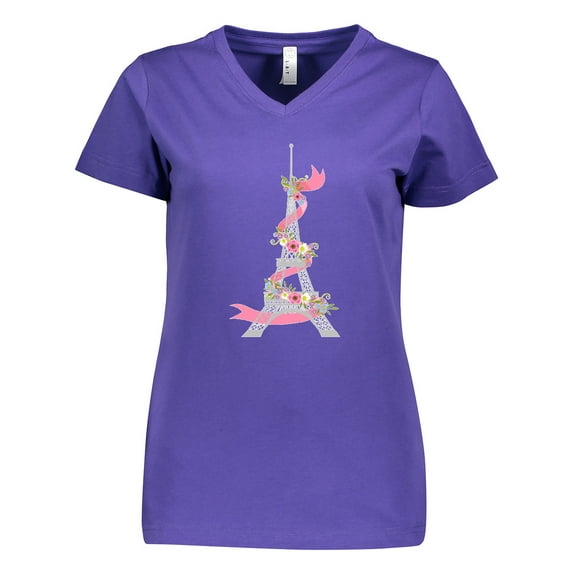 Inktastic Eiffel Tower in Paris with Flowers and Pink Banner Women's V-Neck T-Shirt