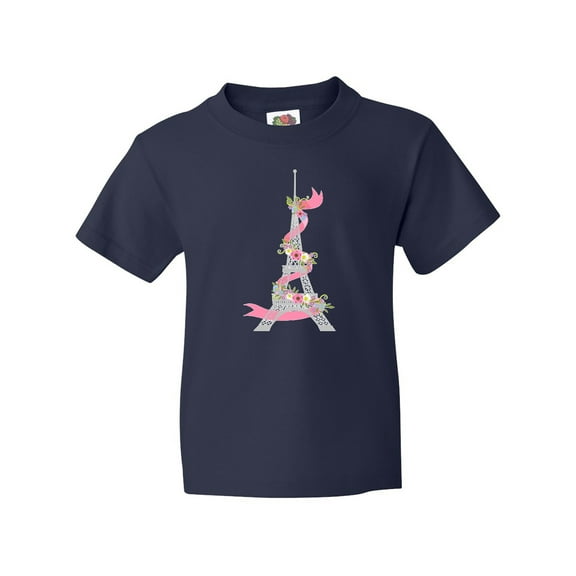 Inktastic Eiffel Tower in Paris with Flowers and Pink Banner Youth T-Shirt