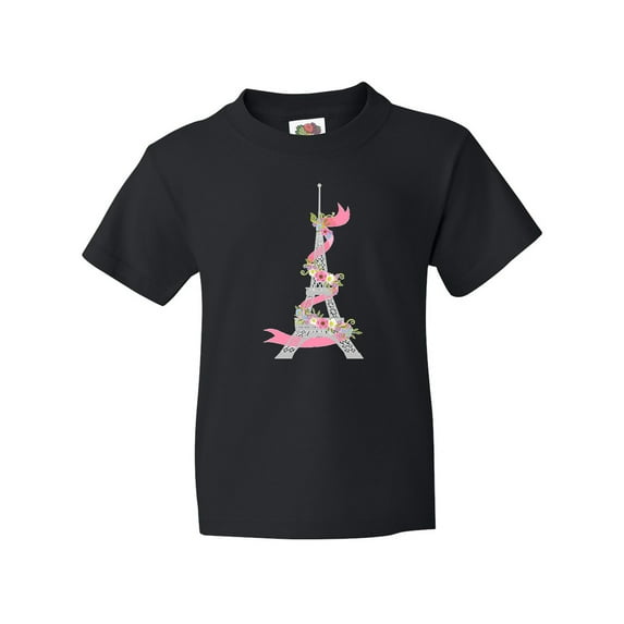 Inktastic Eiffel Tower in Paris with Flowers and Pink Banner Youth T-Shirt
