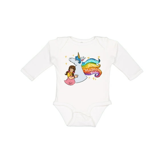 Inktastic Embrace Your Magical Side Girl Hugging A Unicorn Boys or Girls Long Sleeve Baby Bodysuit