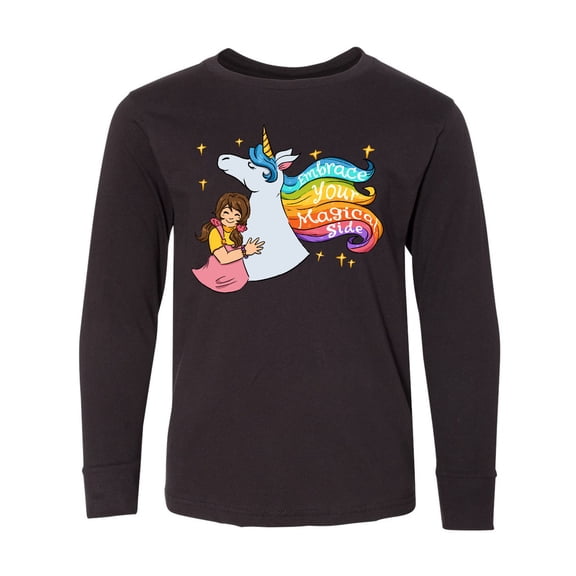 Inktastic Embrace Your Magical Side Girl Hugging A Unicorn Long Sleeve Youth T-Shirt