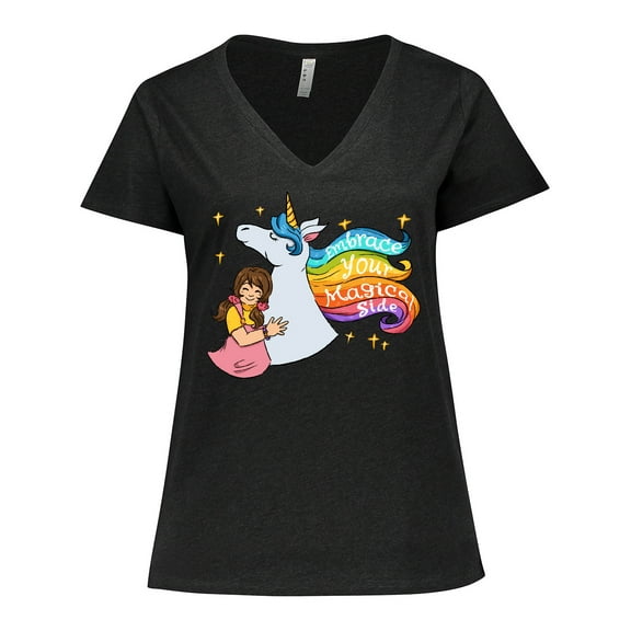 Inktastic Embrace Your Magical Side Girl Hugging A Unicorn Women's Plus Size V-Neck T-Shirt