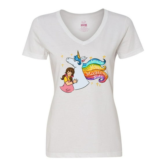 Inktastic Embrace Your Magical Side Girl Hugging A Unicorn Women's V-Neck T-Shirt
