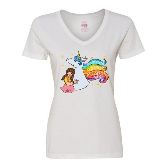Inktastic Embrace Your Magical Side Girl Hugging A Unicorn Women's V-Neck T-Shirt