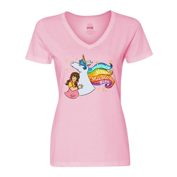 Inktastic Embrace Your Magical Side Girl Hugging A Unicorn Women's V-Neck T-Shirt
