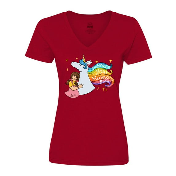 Inktastic Embrace Your Magical Side Girl Hugging A Unicorn Women's V-Neck T-Shirt