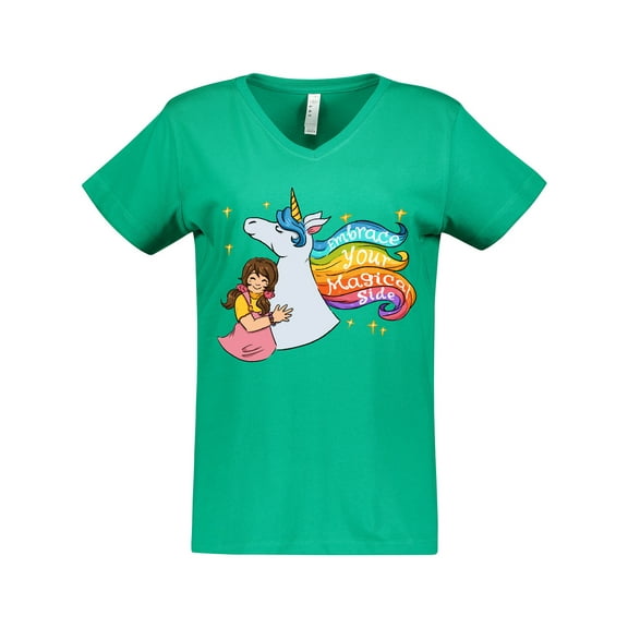 Inktastic Embrace Your Magical Side Girl Hugging A Unicorn Women's V-Neck T-Shirt