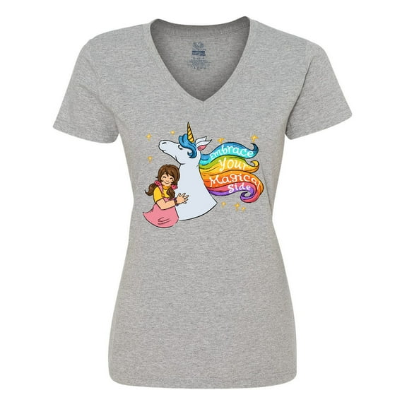 Inktastic Embrace Your Magical Side Girl Hugging A Unicorn Women's V-Neck T-Shirt