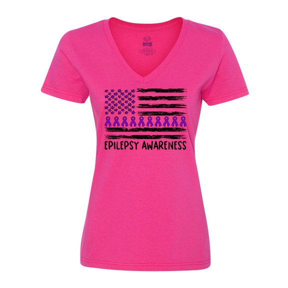 Inktastic Epilepsy Awareness Purple Ribbons and Flag Women's V-Neck T-Shirt