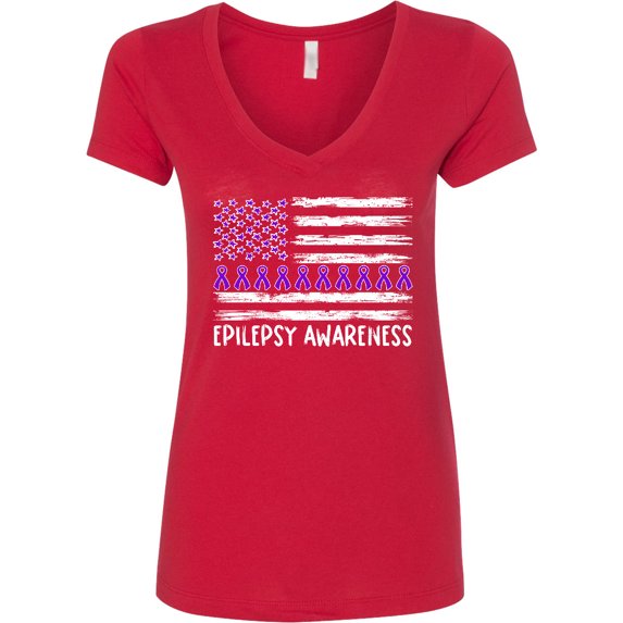 Inktastic Epilepsy Awareness Purple Ribbons and Flag Women's V-Neck T-Shirt