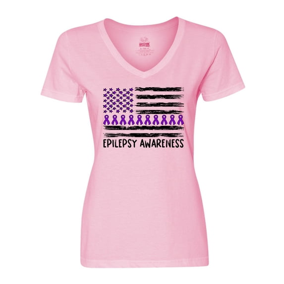 Inktastic Epilepsy Awareness Purple Ribbons and Flag Women's V-Neck T-Shirt
