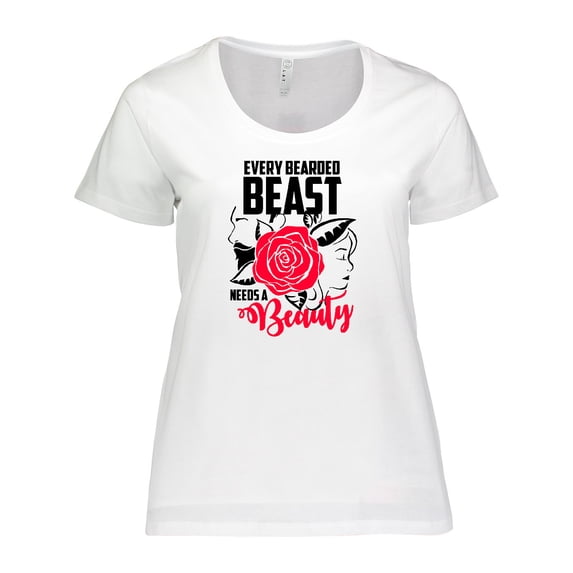 Inktastic Every Bearded Beast Needs a Beauty with Red Rose Women's Plus Size T-Shirt
