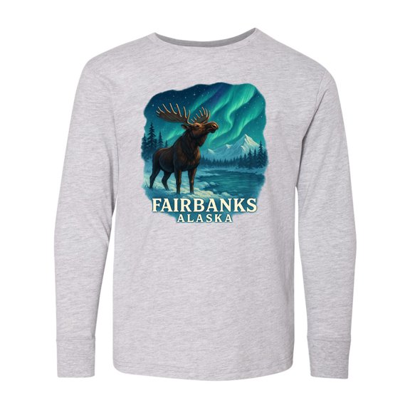 Inktastic Fairbanks Alaska Moose Northern Lights Scenic Art Long Sleeve Youth T-Shirt