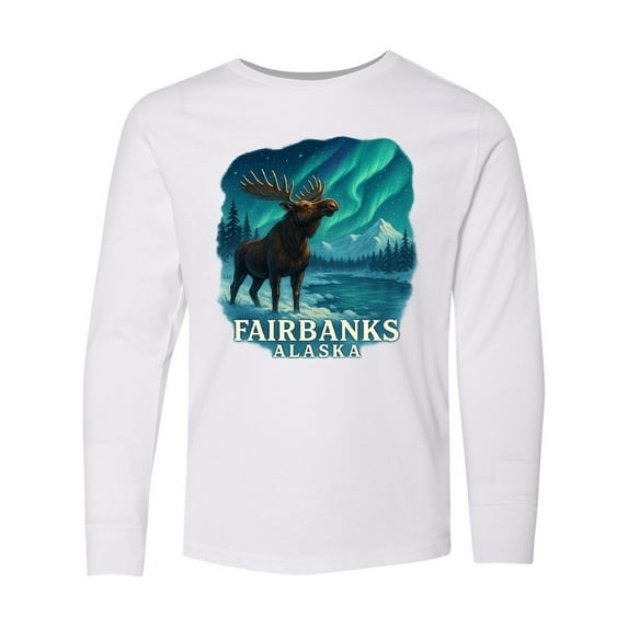 Inktastic Fairbanks Alaska Moose Northern Lights Scenic Art Long Sleeve Youth T-Shirt