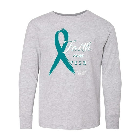 Inktastic Faith Over Fear Ovarian Cancer Awareness with Teal Ribbon Long Sleeve Youth T-Shirt