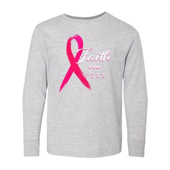 Inktastic Faith over Fear Breast Cancer Awareness with Pink Ribbon Long Sleeve Youth T-Shirt