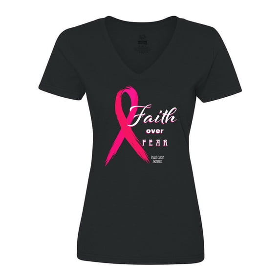 Inktastic Faith over Fear Breast Cancer Awareness with Pink Ribbon Women's V-Neck T-Shirt